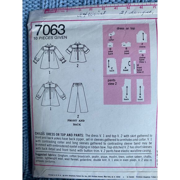 Simplicity 7063 Sewing pattern girls dress top pants 1960s size 6 - Picture 4 of 5